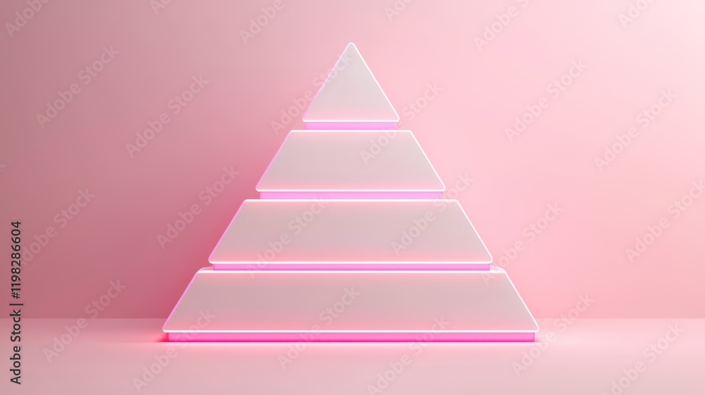 Poster a minimalist pyramid structure with soft lighting against a pink background, creating an elegant and