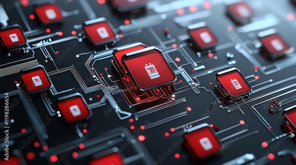 Poster a close-up of a circuit board with red microchips, showcasing intricate connections and a sleek, mod