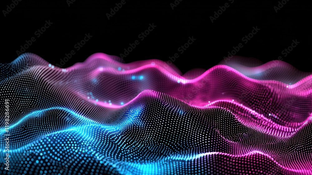 Poster a vibrant digital wave pattern in shades of pink and blue against a black background, creating a dyn