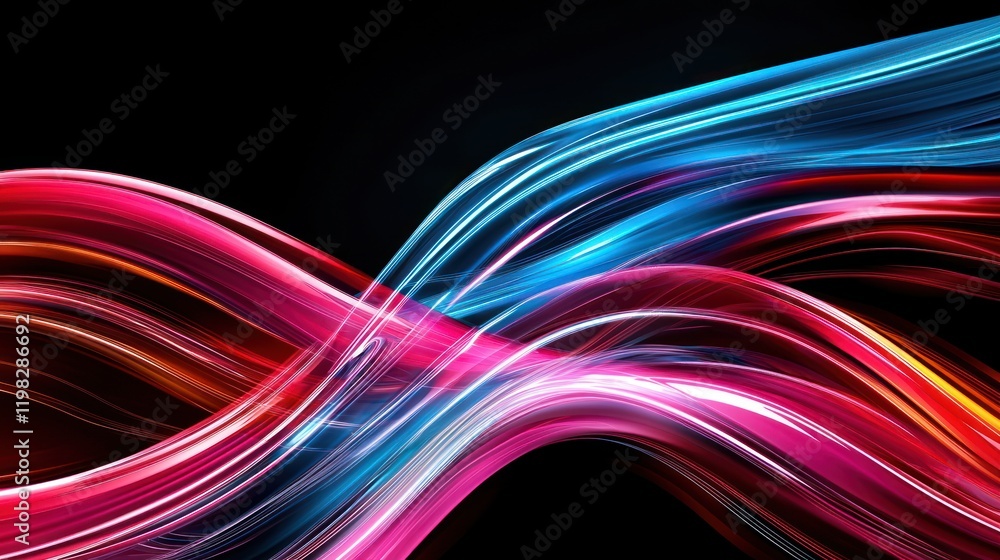 Poster a vibrant display of flowing, colorful light waves against a dark background, creating a dynamic and