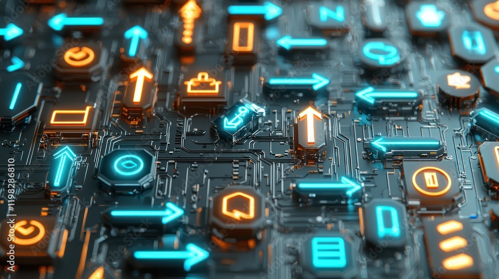 Poster a close-up view of a digital circuit board featuring glowing arrows and icons in blue and orange, re