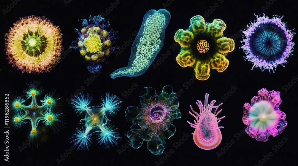 Poster evolving bacteria displayed in a vibrant sequence showcasing diverse forms and structures under micr