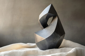 Abstract dark grey stone sculpture with sharp geometric shapes, creating a dynamic and intriguing...