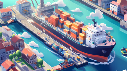 Aerial view of a cargo ship loading coal at a port, showcasing industrial activity. Sunpetal. Illustration