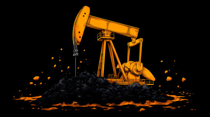 An isolated oil pumpjack extracting crude oil from the ground, set against a black coal backdrop. energy industry and fossil fuel concept. Sunpetal. Illustration