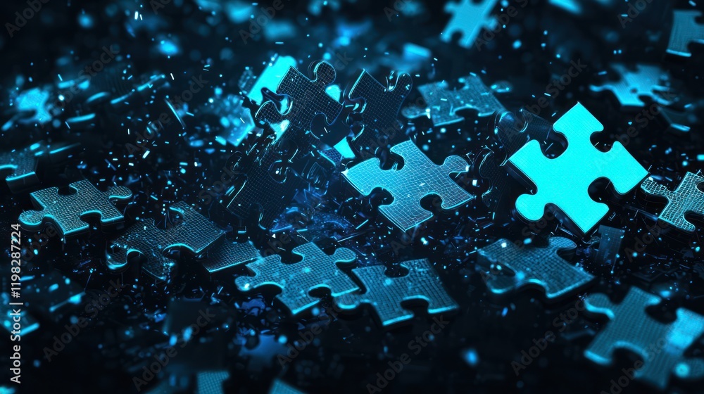 Poster a vibrant background of scattered blue puzzle pieces, creating a dynamic and abstract visual effect,