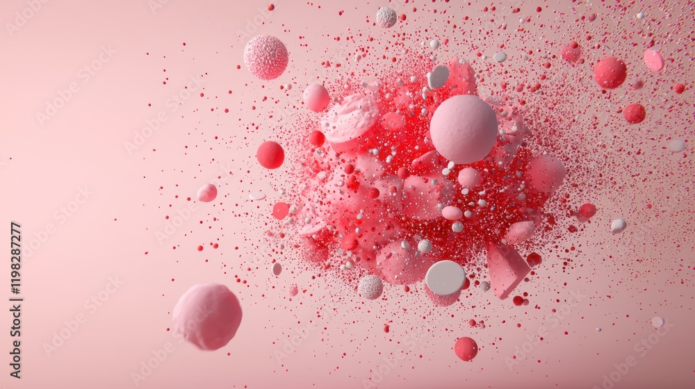 Aufkleber a vibrant explosion of pink and red spheres and particles, creating a playful and dynamic visual eff