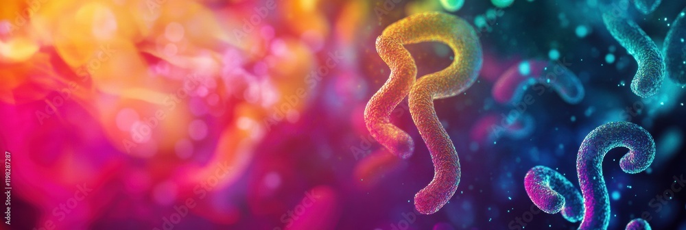 Poster abstract representation of antibiotics interacting with bacteria viewed under a microscope in a colo