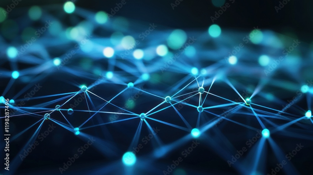 Poster abstract network connection: digital nodes and lines intertwined, glowing blue and teal lights in a 
