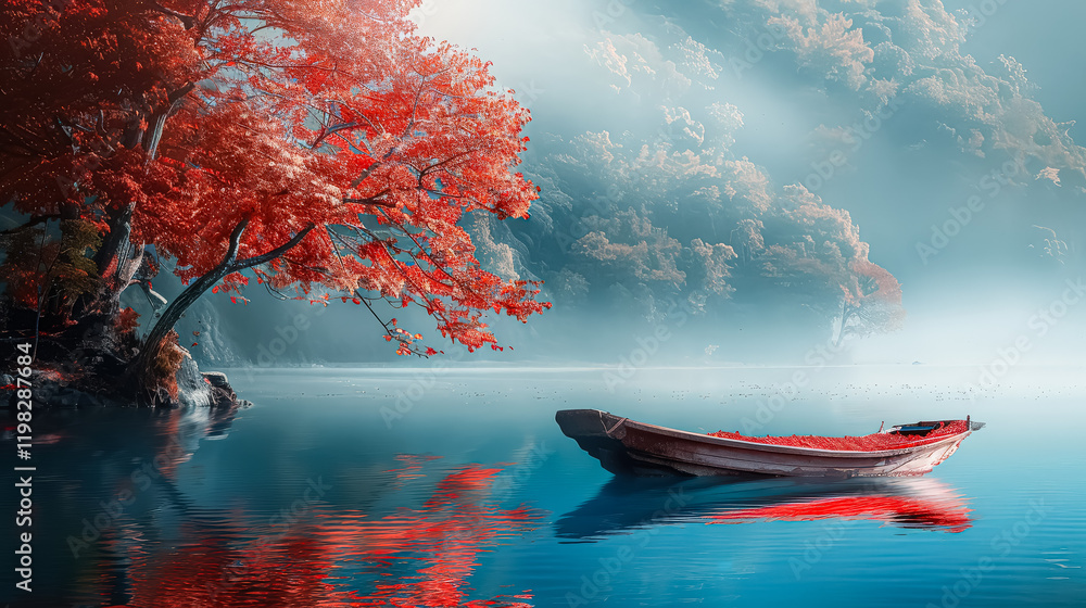 Aufkleber boat is floating on a lake with a tree in the foreground. the tree is red and the water is calm. the