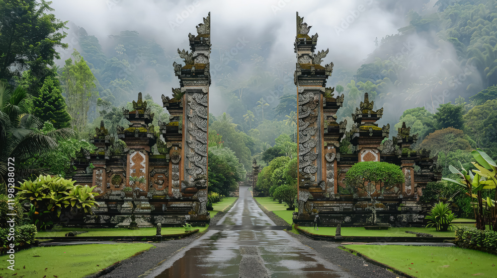 Poster large archway with a path leading through it. the archway is decorated with statues and the path is 