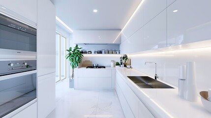 Bright kitchen interior with white walls, modern counter top with built in sink and cooker