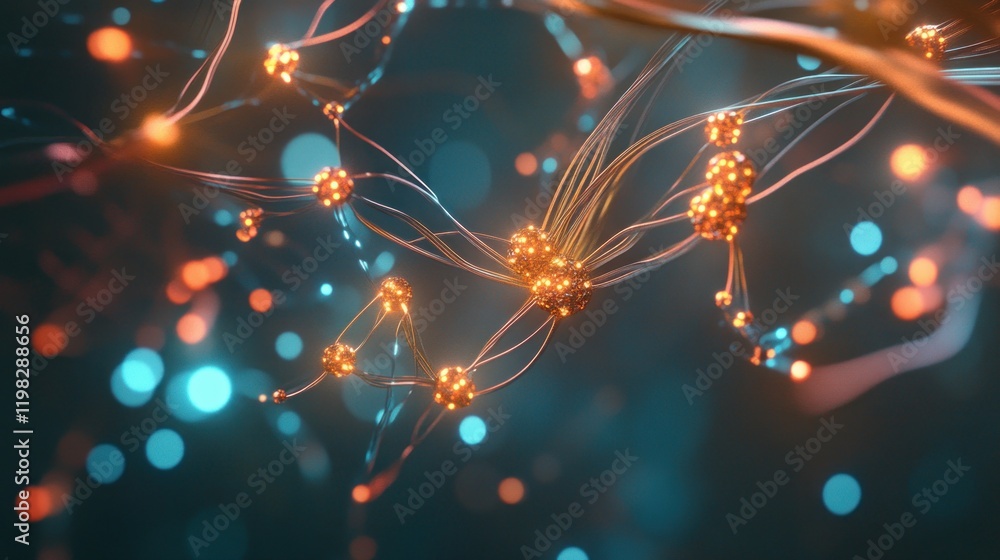 Poster abstract neural network: interconnected nodes and glowing filaments in a deep teal and orange hue