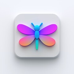 Colorful 3D Dragonfly Icon on White Square Button Gradient Wings Insect App Design Element