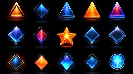 Collection of shiny, glowing geometric shapes and star icons on black background.