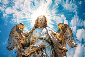 Fototapeta premium Statue of Jesus holding a cross and an angel is standing behind him. The sun is shining on the statue, creating a bright and uplifting atmosphere