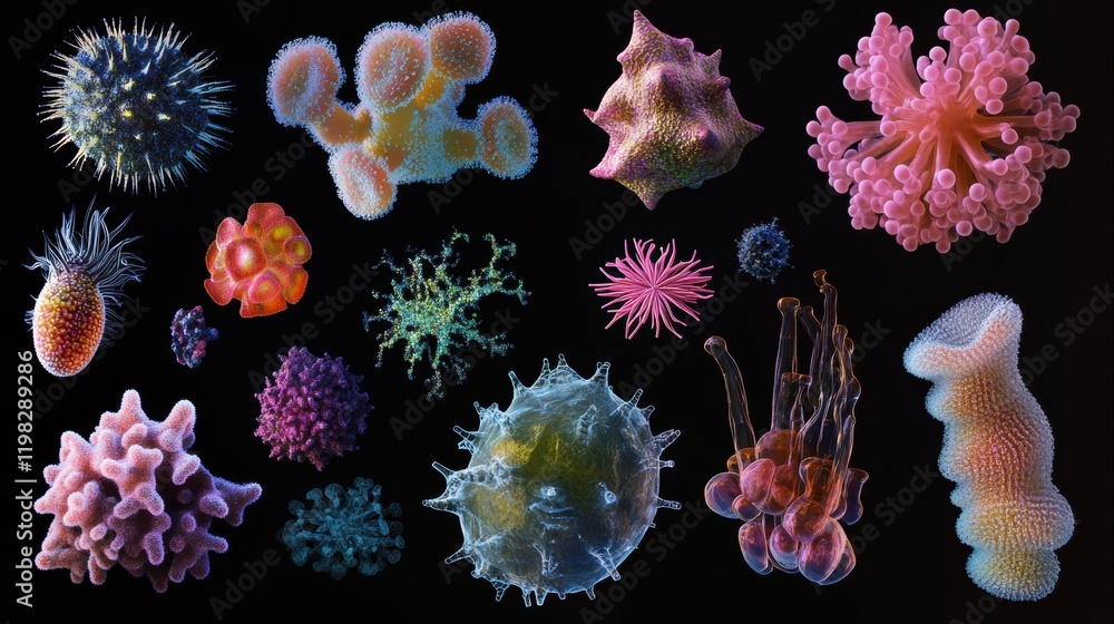 Leinwandbilder sequence of evolving bacteria showcasing diversity in size, shape, and color under a dark background