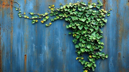 Rustic Beauty: Ivy Climbing a Weathered Blue Metal Wall
