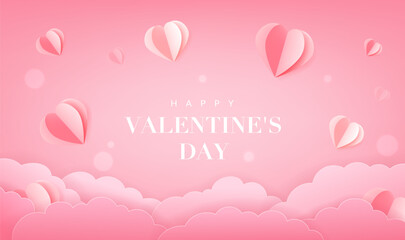 Valentine's Day banner design with abstract clouds and hearts in pink background