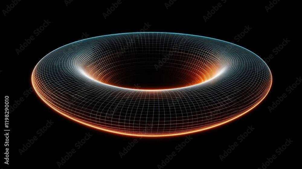 Poster Abstract circular grids with dynamic glowing light effects and holographic floating elements.