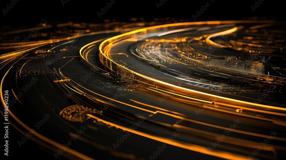 Poster abstract futuristic highway with glowing light trails and digital elements, representing the road to