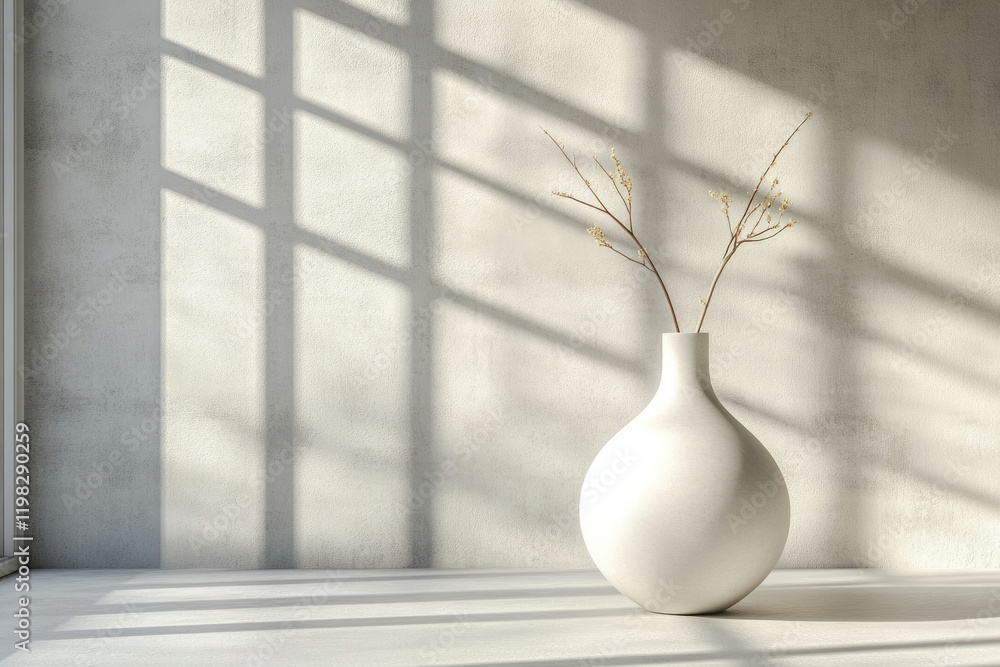 Poster minimalist interior design featuring a white vase with dried branches, bathed in sunlight streaming 
