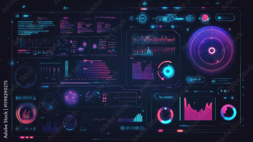 Poster abstract futuristic interface with digital grids, holographic elements, and glowing circular pattern
