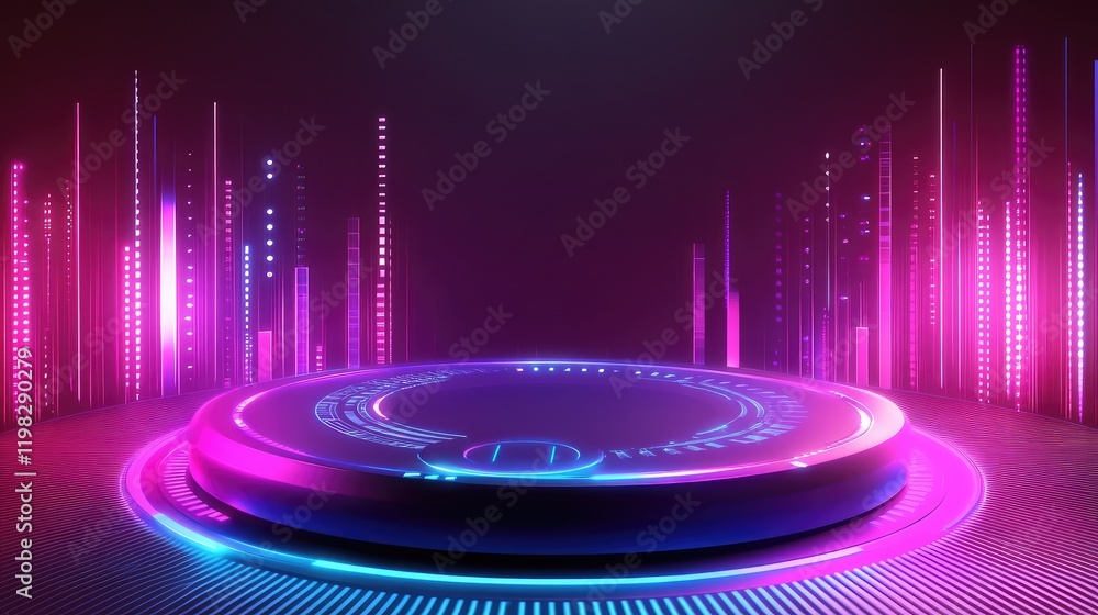 Poster abstract futuristic interface with glowing circular controls, light trails, and interactive holograp
