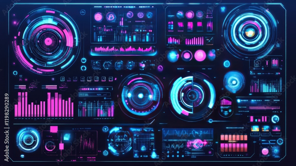 Poster abstract futuristic interface with glowing circular controls, light trails, and interactive holograp