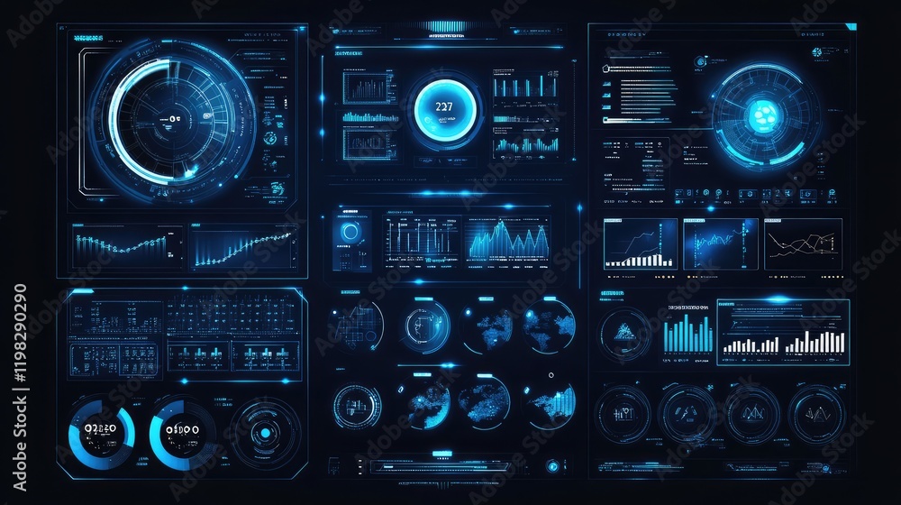 Poster abstract futuristic interface with glowing circular controls, floating holographic panels, and parti