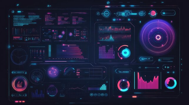 Abstract futuristic interface with digital grids, holographic elements, and glowing circular patterns in a dark theme.
