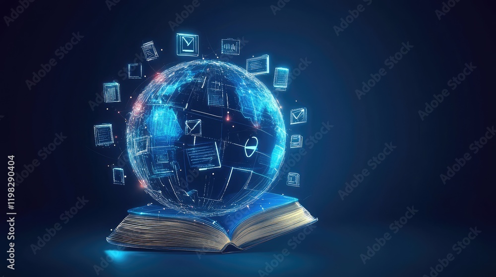 Poster abstract globe design with glowing digital lines and icons of books and learning, representing globa