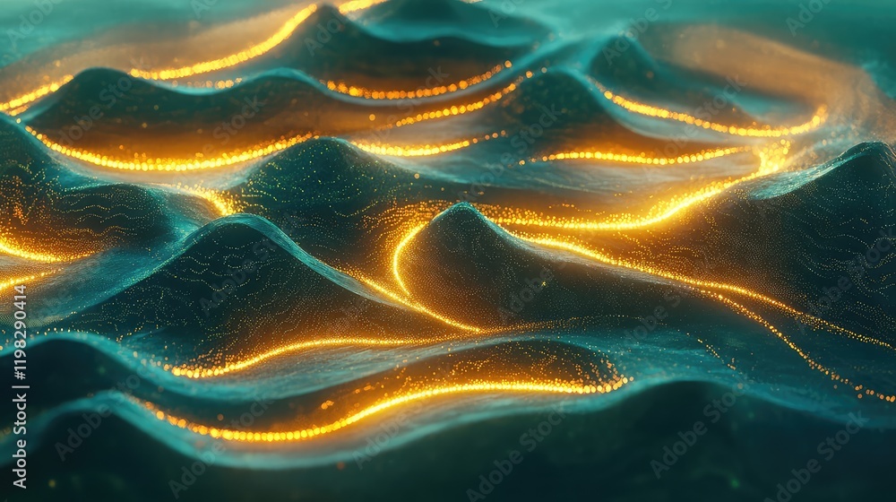 Poster abstract glowing data patterns forming futuristic waves on a gradient background, ideal for digital 