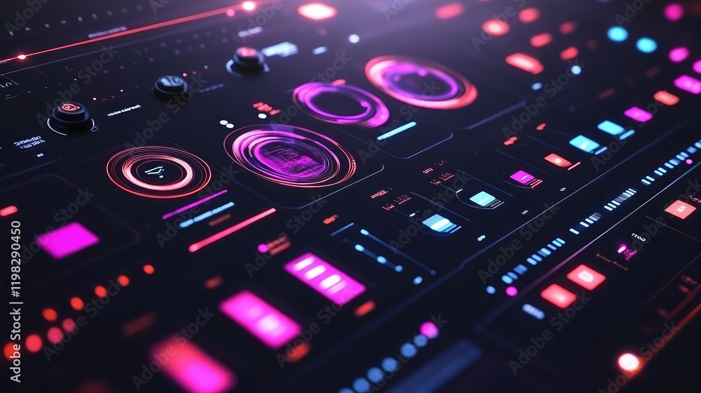 Poster abstract glowing digital interface with floating interactive panels, geometric grids, and light trai
