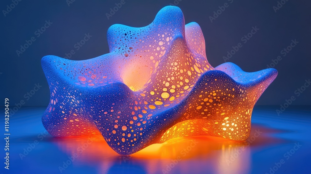 Poster abstract glowing digital structures forming intricate patterns on a minimalist gradient surface.