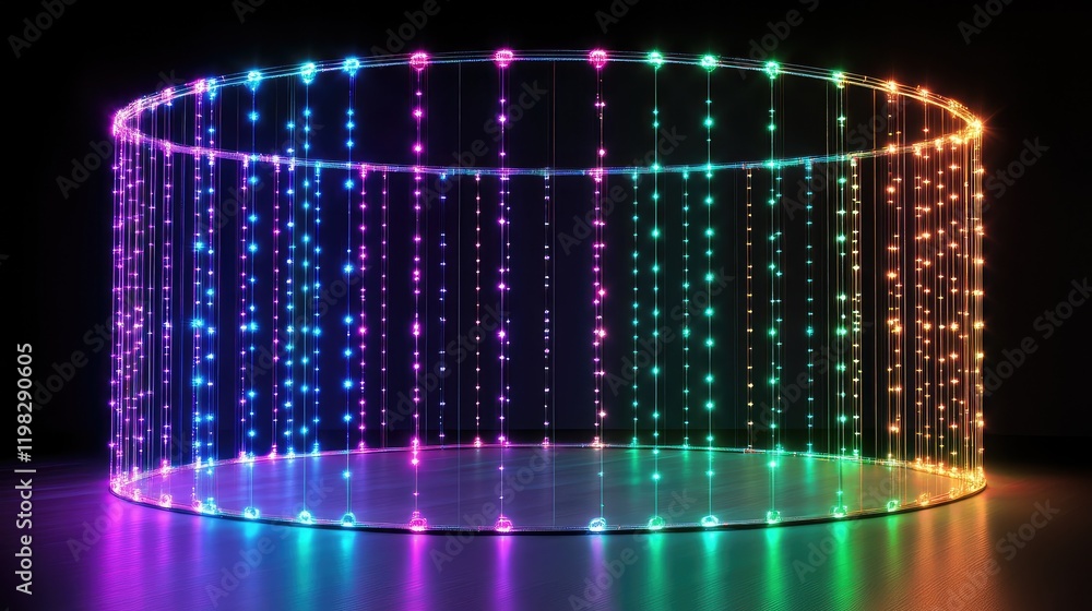 Poster abstract glowing holographic lines forming a circular stage with particle effects for product displa
