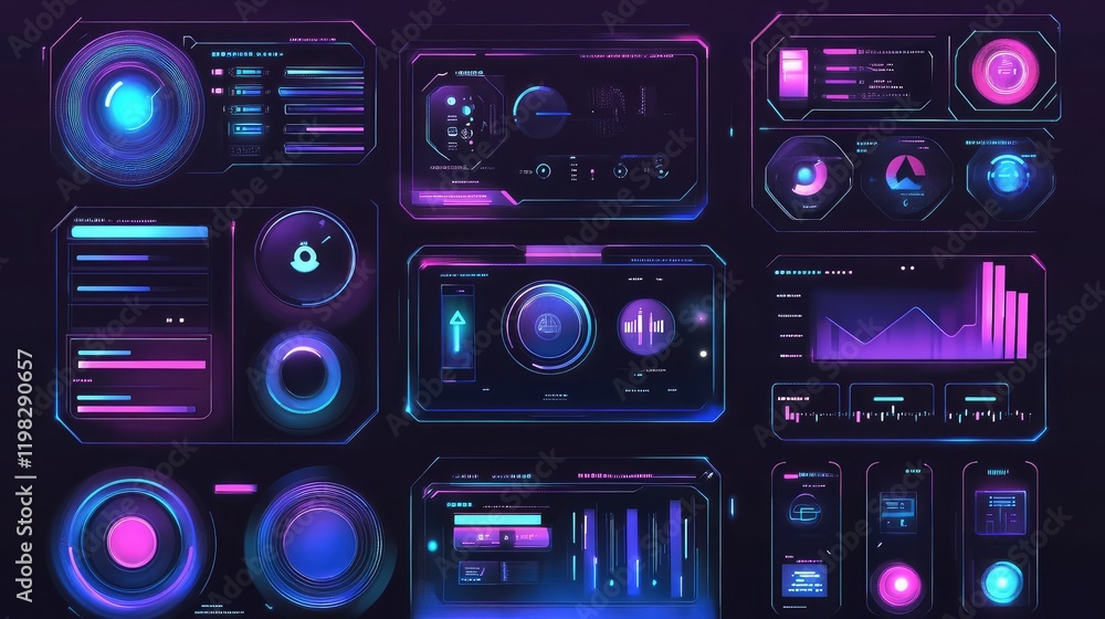 Poster abstract glowing interface with d holographic buttons, geometric grids, and digital data flows.