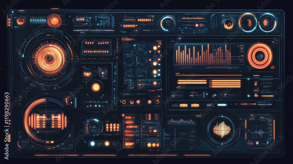 Poster abstract glowing interface with d holographic buttons, geometric grids, and digital data flows.