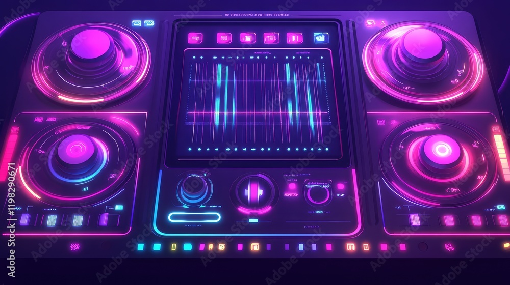 Poster abstract glowing interface with holographic touch panels, dynamic grids, and futuristic digital cont