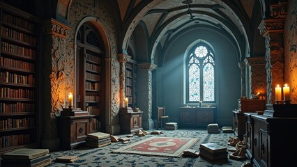 A cozy interior scene bathed in soft light reveals a captivating blue and white patterned floor, while a richly hued red and beige rug anchors the space. Scattered bookshelves adorn the walls, adding 