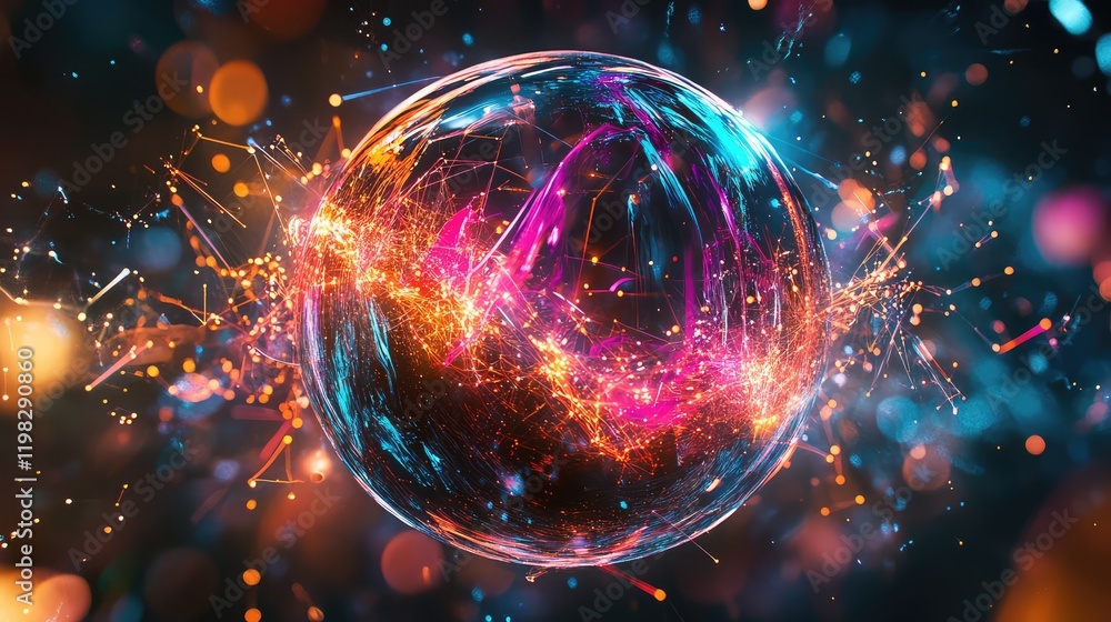 Poster abstract holographic globe surrounded by glowing data streams and digital connections, symbolizing t