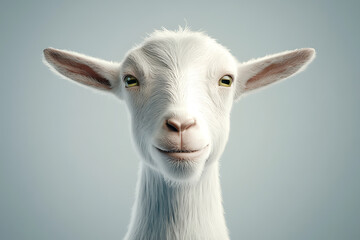 Fototapeta premium A close-up of a smiling white goat against a soft background.