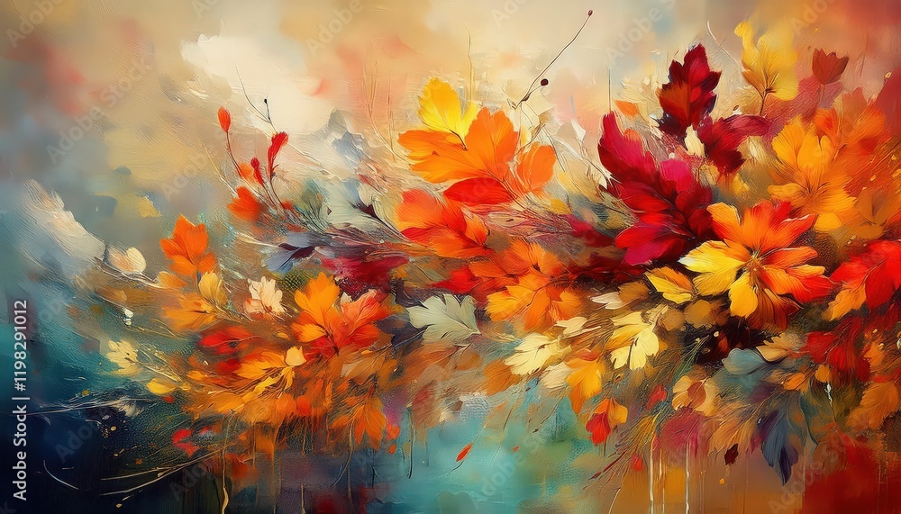 Poster rich autumn hues transform artwork with splashes and distressed patterns, capturing the essence of f