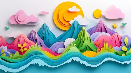 Colorful paper art landscape with mountains, sun, clouds, and ocean waves.