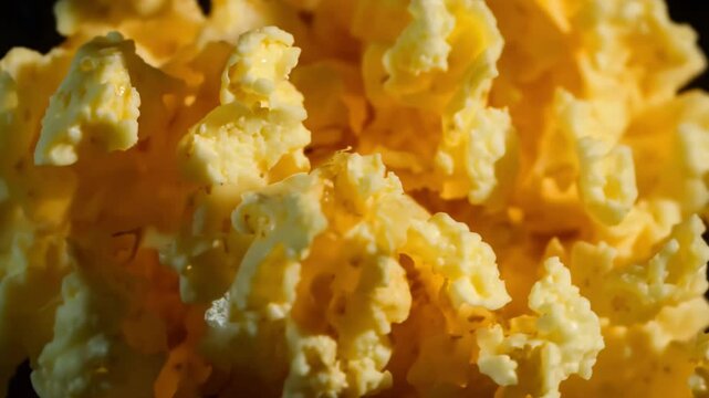 Macro zoom-in video on the texture of a single piece of crunchy buttery popcorn under a direct, hard light, sharp details and strong shadows