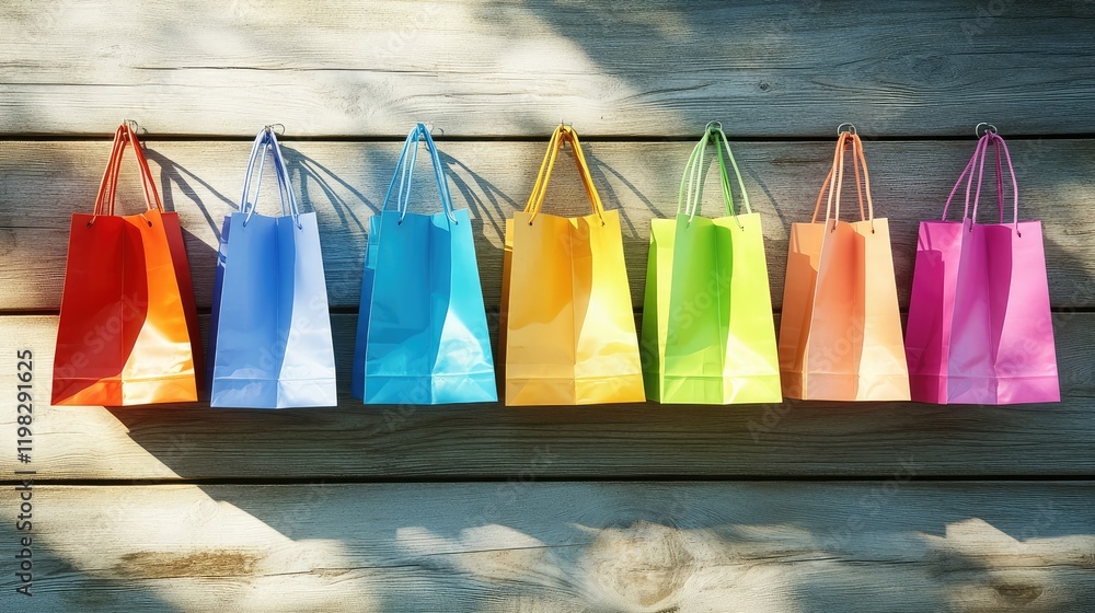 Poster a collection of colorful shopping bags with soft shadows, arranged neatly on a wooden surface with p