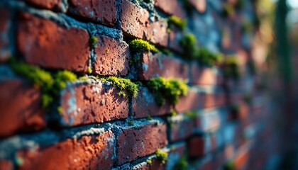 Fototapeta premium Moss-Covered Brick Wall: A Textured Tapestry of Nature and Decay