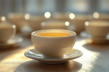 Obraz premium A single cup of light-yellow tea sits on a saucer, bathed in sunlight, surrounded by other blurry teacups.