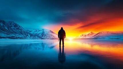 Silhouette of an Explorer on a Frozen Landscape at Sunrise Against Colorful Sky