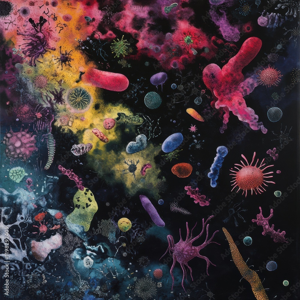 Aufkleber exploring a vibrant array of bacteria and microbes in a colorful microscopic landscape. generative a